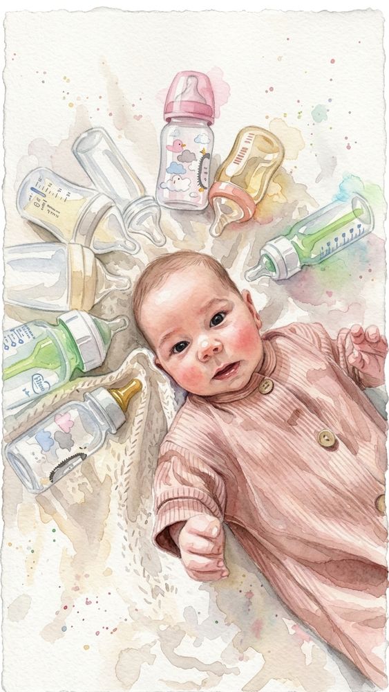 Watercolour: a baby lying among different bottles