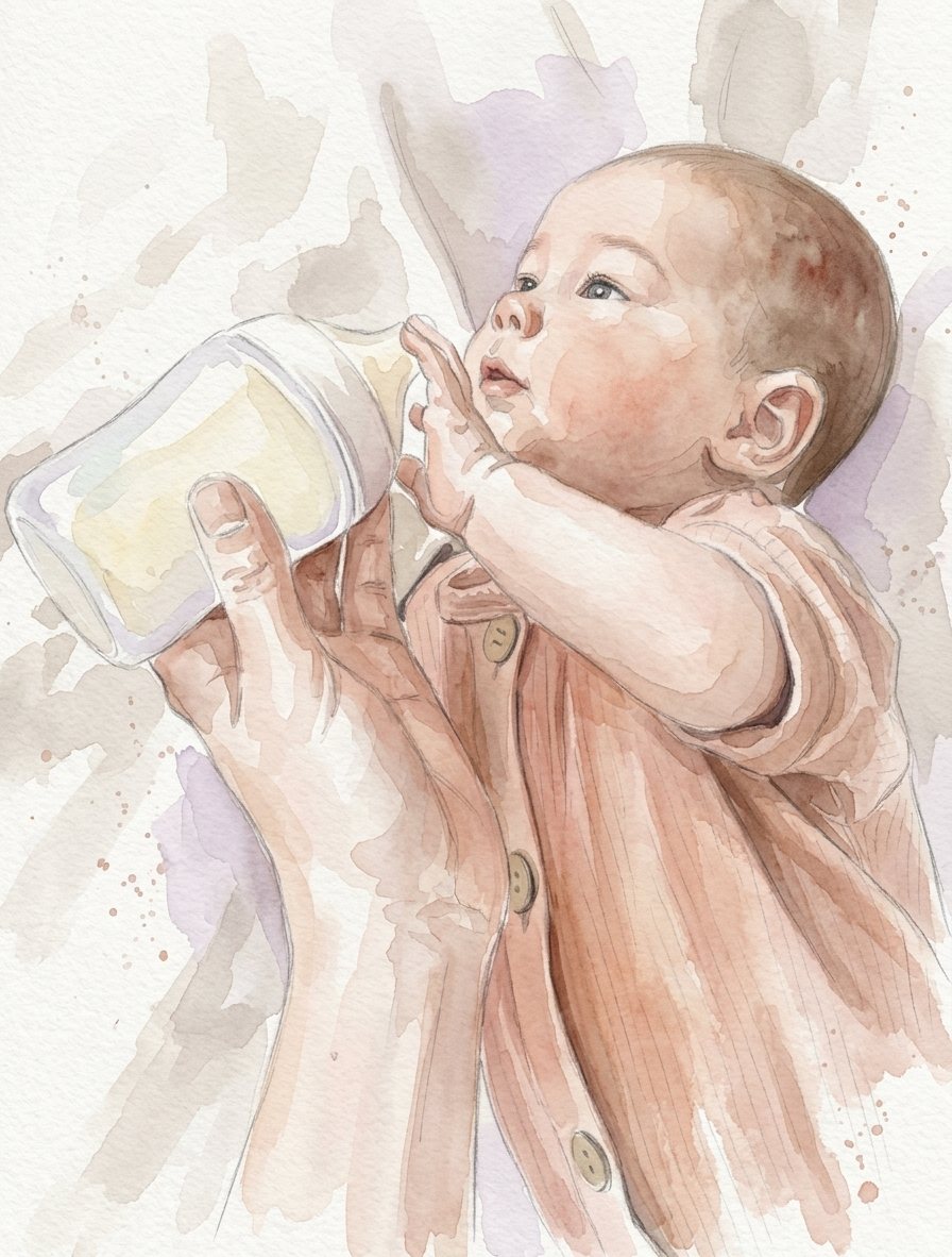 Watercolour: a baby drinking from a bottle in a mother’s arms