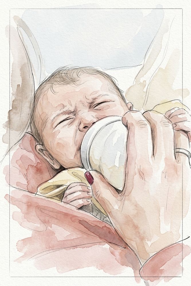 Watercolour: a baby crying and turning away from a bottle