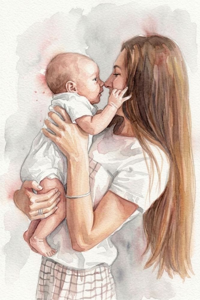 Watercolour: a mother happily hugging her baby