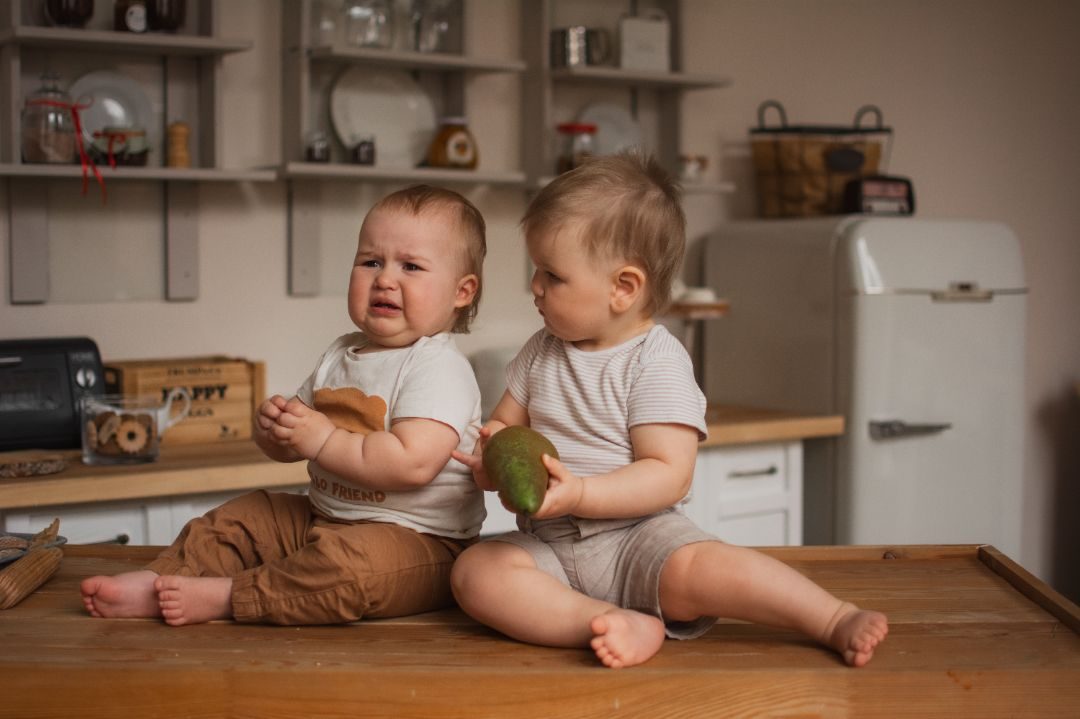 Two babies sitting on a kitchen counter holding food